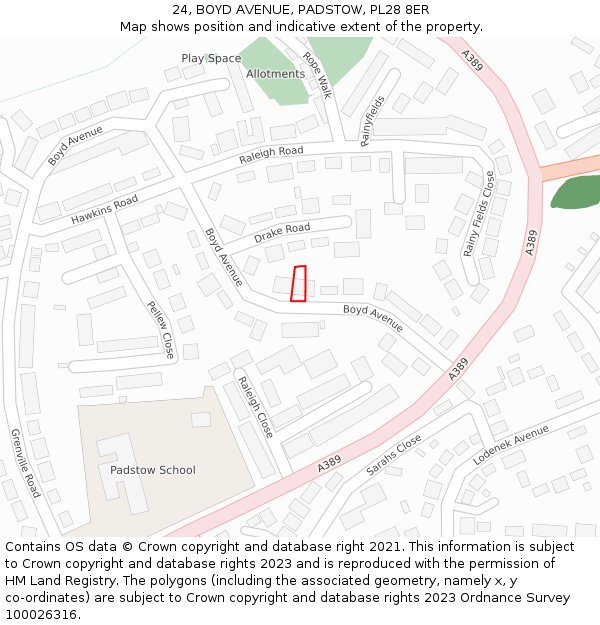 24, BOYD AVENUE, PADSTOW, PL28 8ER: Location map and indicative extent of plot