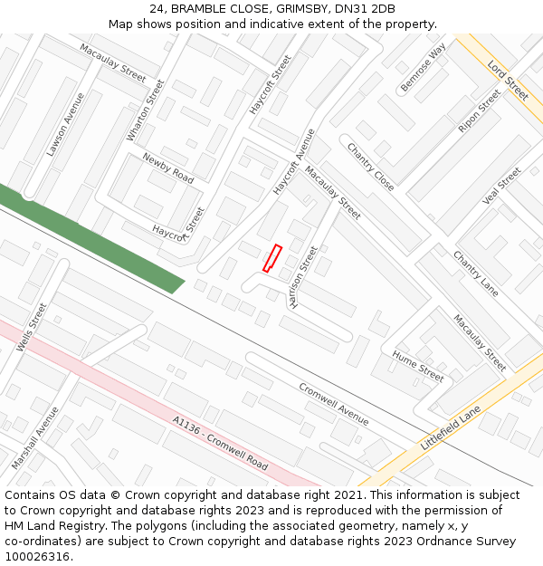 24, BRAMBLE CLOSE, GRIMSBY, DN31 2DB: Location map and indicative extent of plot