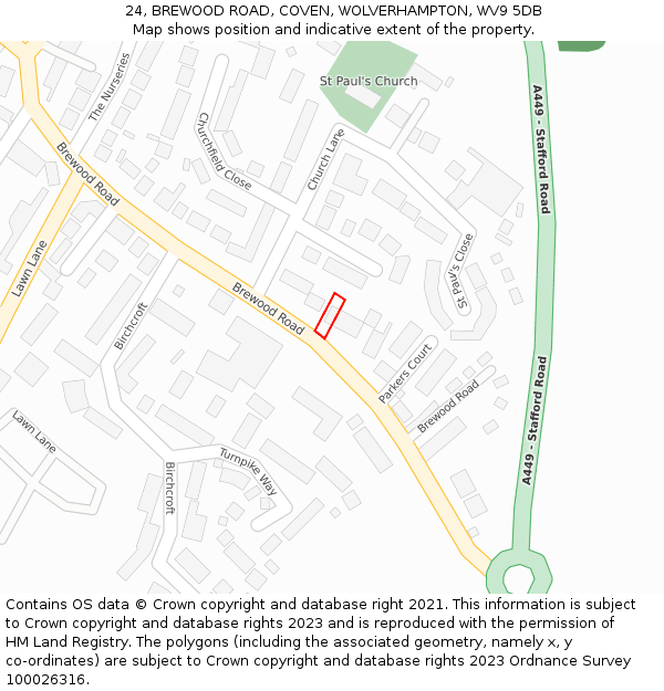 24, BREWOOD ROAD, COVEN, WOLVERHAMPTON, WV9 5DB: Location map and indicative extent of plot