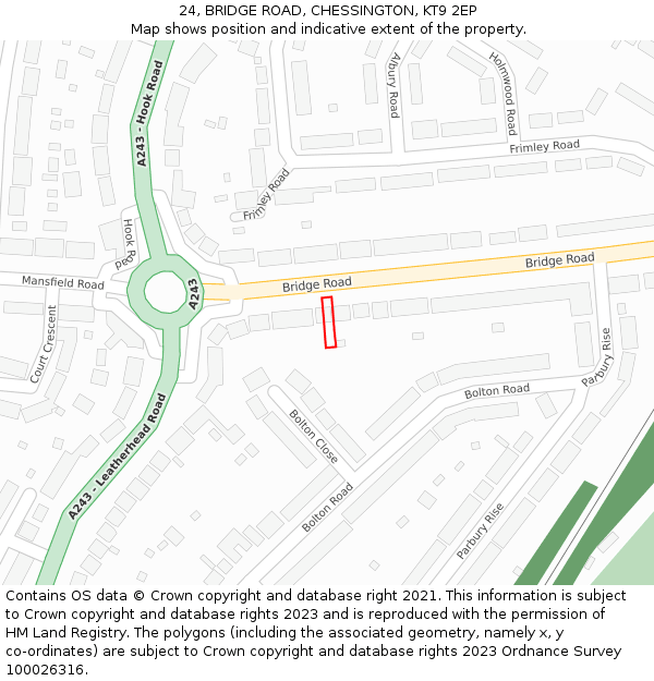 24, BRIDGE ROAD, CHESSINGTON, KT9 2EP: Location map and indicative extent of plot