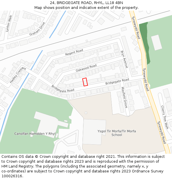 24, BRIDGEGATE ROAD, RHYL, LL18 4BN: Location map and indicative extent of plot