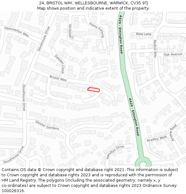 24, BRISTOL WAY, WELLESBOURNE, WARWICK, CV35 9TJ: Location map and indicative extent of plot