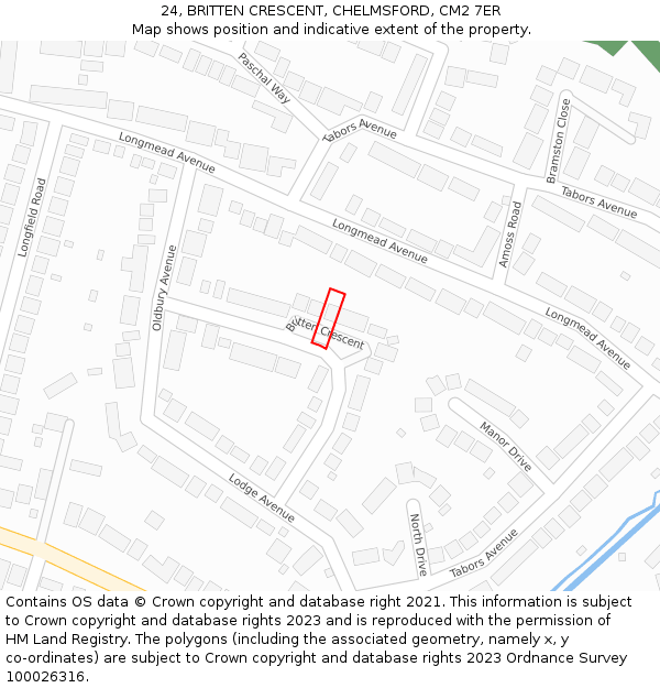 24, BRITTEN CRESCENT, CHELMSFORD, CM2 7ER: Location map and indicative extent of plot