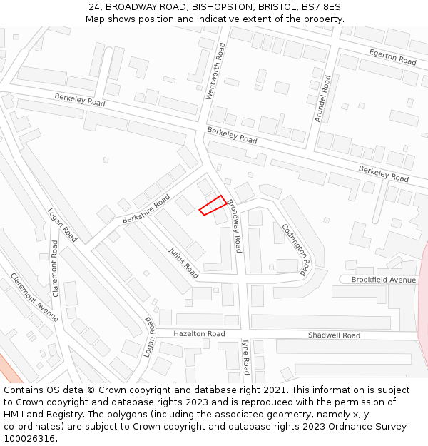 24, BROADWAY ROAD, BISHOPSTON, BRISTOL, BS7 8ES: Location map and indicative extent of plot