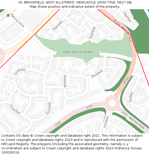 24, BROOKFIELD, WEST ALLOTMENT, NEWCASTLE UPON TYNE, NE27 0BJ: Location map and indicative extent of plot