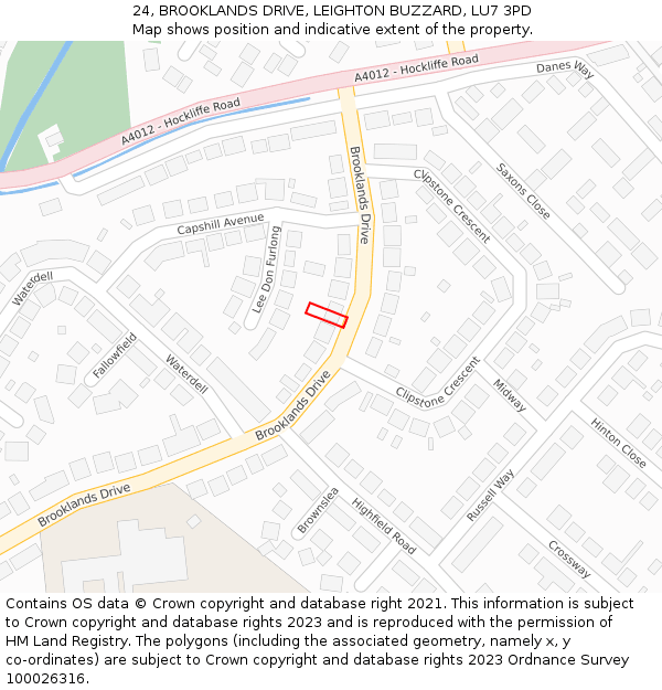 24, BROOKLANDS DRIVE, LEIGHTON BUZZARD, LU7 3PD: Location map and indicative extent of plot