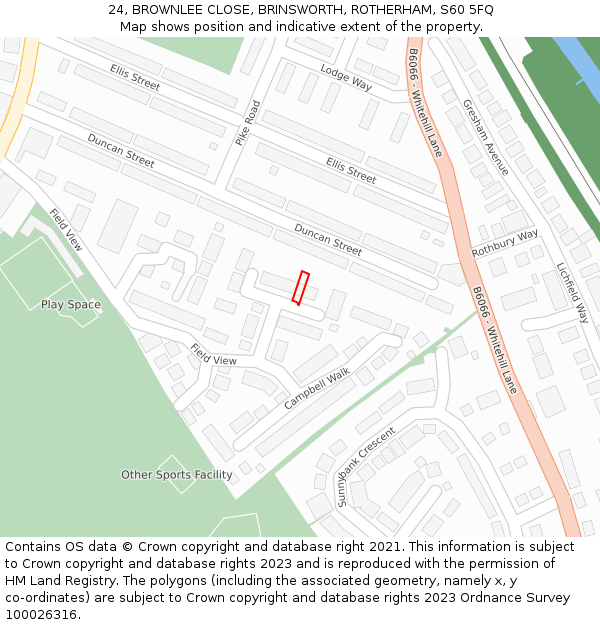 24, BROWNLEE CLOSE, BRINSWORTH, ROTHERHAM, S60 5FQ: Location map and indicative extent of plot