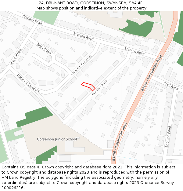 24, BRUNANT ROAD, GORSEINON, SWANSEA, SA4 4FL: Location map and indicative extent of plot