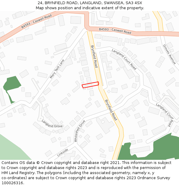 24, BRYNFIELD ROAD, LANGLAND, SWANSEA, SA3 4SX: Location map and indicative extent of plot