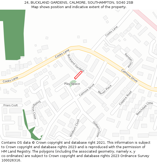 24, BUCKLAND GARDENS, CALMORE, SOUTHAMPTON, SO40 2SB: Location map and indicative extent of plot