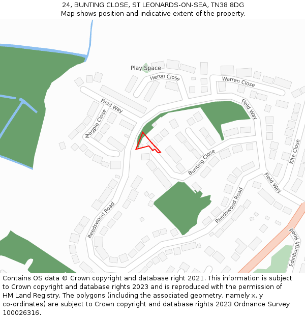 24, BUNTING CLOSE, ST LEONARDS-ON-SEA, TN38 8DG: Location map and indicative extent of plot