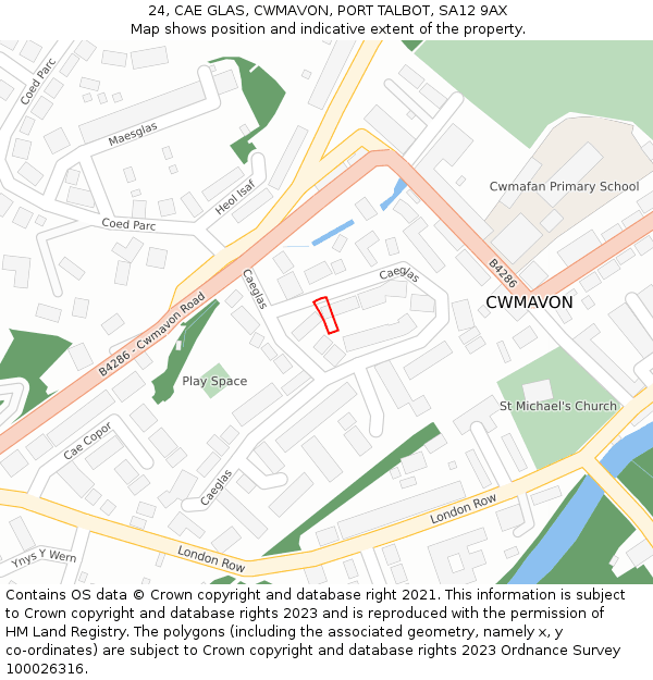 24, CAE GLAS, CWMAVON, PORT TALBOT, SA12 9AX: Location map and indicative extent of plot