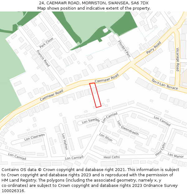 24, CAEMAWR ROAD, MORRISTON, SWANSEA, SA6 7DX: Location map and indicative extent of plot