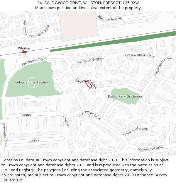 24, CALDYWOOD DRIVE, WHISTON, PRESCOT, L35 3XW: Location map and indicative extent of plot