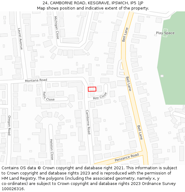 24, CAMBORNE ROAD, KESGRAVE, IPSWICH, IP5 1JP: Location map and indicative extent of plot