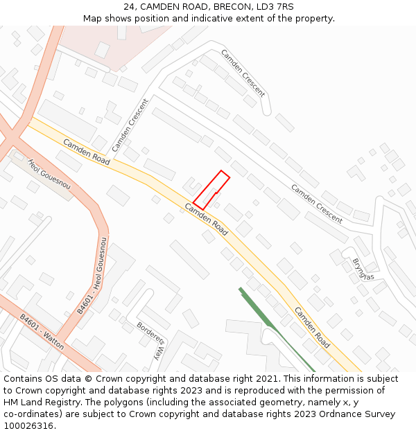 24, CAMDEN ROAD, BRECON, LD3 7RS: Location map and indicative extent of plot