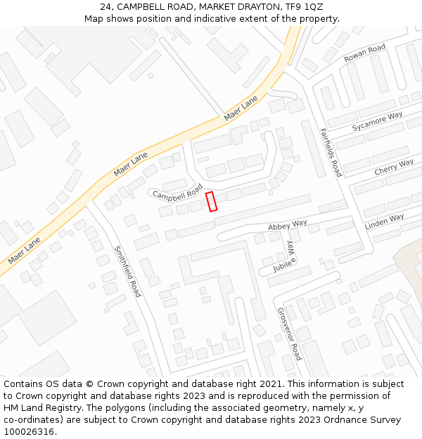 24, CAMPBELL ROAD, MARKET DRAYTON, TF9 1QZ: Location map and indicative extent of plot