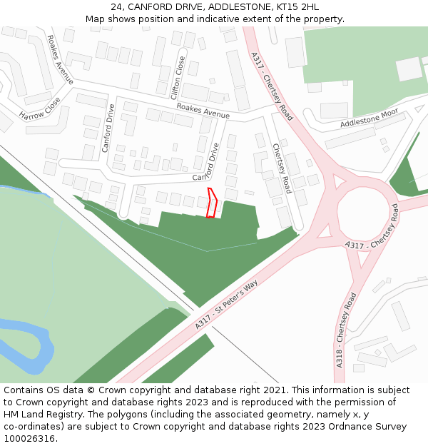 24, CANFORD DRIVE, ADDLESTONE, KT15 2HL: Location map and indicative extent of plot