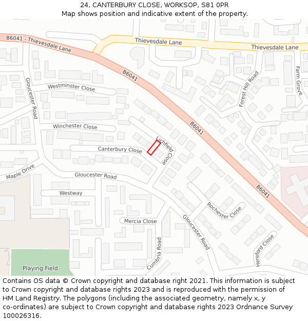 24, CANTERBURY CLOSE, WORKSOP, S81 0PR: Location map and indicative extent of plot