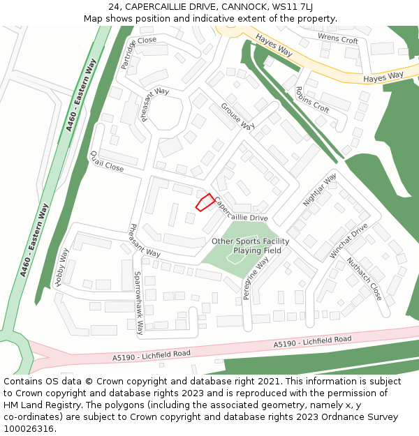 24, CAPERCAILLIE DRIVE, CANNOCK, WS11 7LJ: Location map and indicative extent of plot