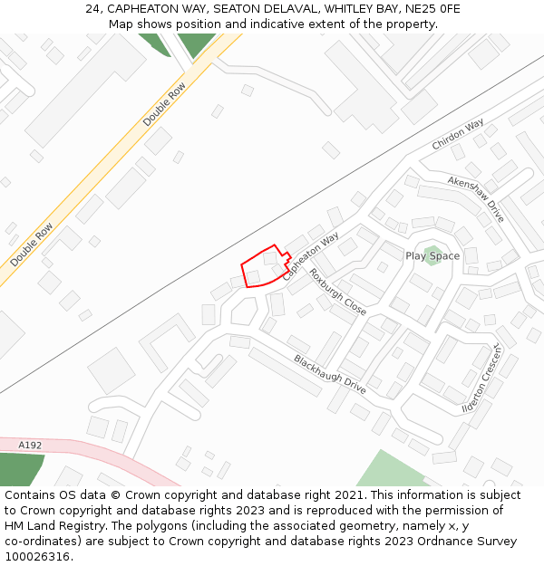 24, CAPHEATON WAY, SEATON DELAVAL, WHITLEY BAY, NE25 0FE: Location map and indicative extent of plot