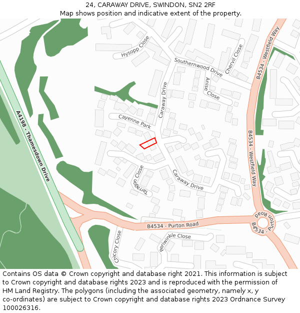 24, CARAWAY DRIVE, SWINDON, SN2 2RF: Location map and indicative extent of plot