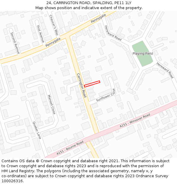 24, CARRINGTON ROAD, SPALDING, PE11 1LY: Location map and indicative extent of plot