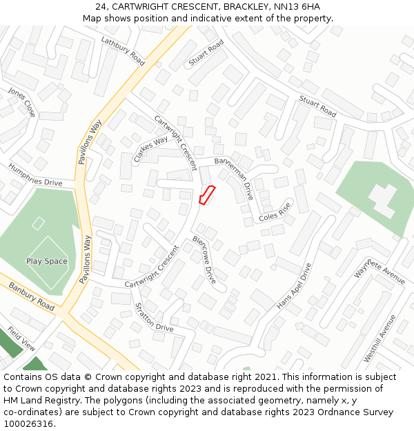 24, CARTWRIGHT CRESCENT, BRACKLEY, NN13 6HA: Location map and indicative extent of plot