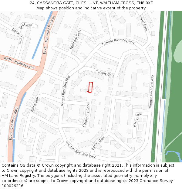 24, CASSANDRA GATE, CHESHUNT, WALTHAM CROSS, EN8 0XE: Location map and indicative extent of plot