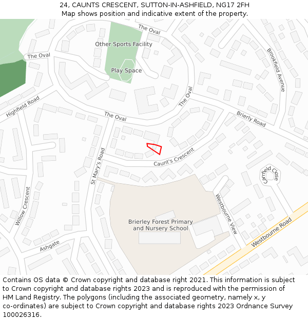 24, CAUNTS CRESCENT, SUTTON-IN-ASHFIELD, NG17 2FH: Location map and indicative extent of plot
