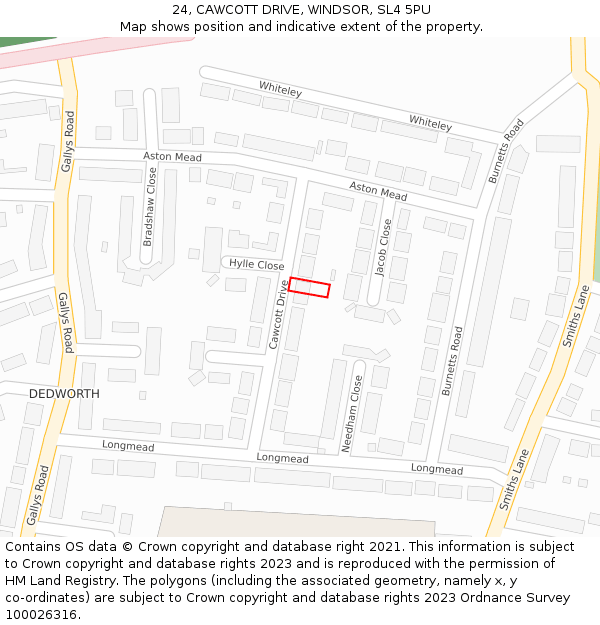 24, CAWCOTT DRIVE, WINDSOR, SL4 5PU: Location map and indicative extent of plot