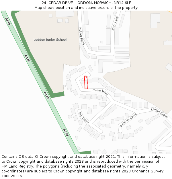 24, CEDAR DRIVE, LODDON, NORWICH, NR14 6LE: Location map and indicative extent of plot