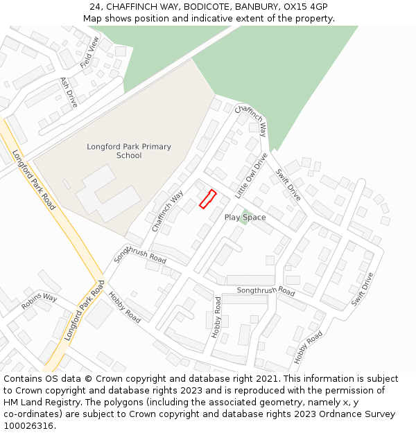 24, CHAFFINCH WAY, BODICOTE, BANBURY, OX15 4GP: Location map and indicative extent of plot