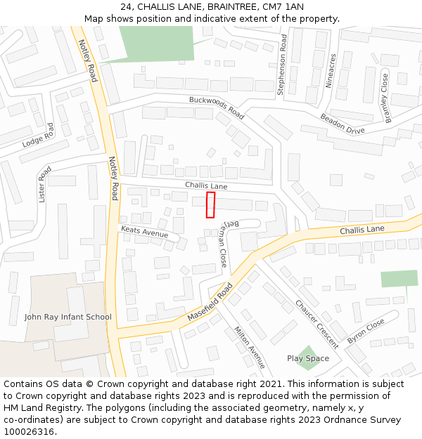 24, CHALLIS LANE, BRAINTREE, CM7 1AN: Location map and indicative extent of plot