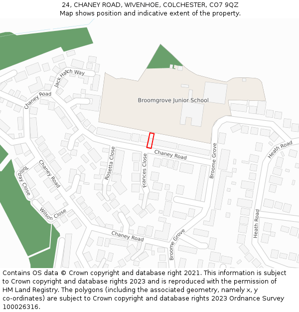 24, CHANEY ROAD, WIVENHOE, COLCHESTER, CO7 9QZ: Location map and indicative extent of plot