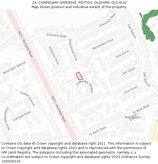 24, CHAPELWAY GARDENS, ROYTON, OLDHAM, OL2 6UQ: Location map and indicative extent of plot