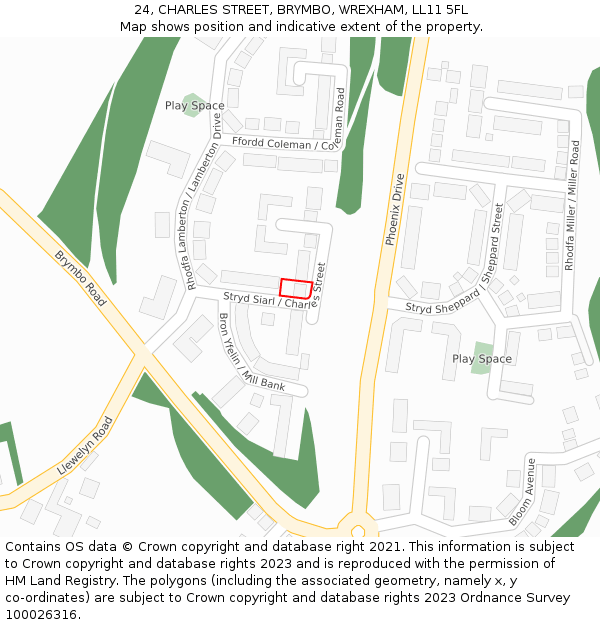 24, CHARLES STREET, BRYMBO, WREXHAM, LL11 5FL: Location map and indicative extent of plot