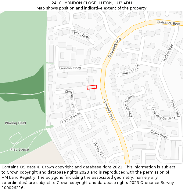 24, CHARNDON CLOSE, LUTON, LU3 4DU: Location map and indicative extent of plot