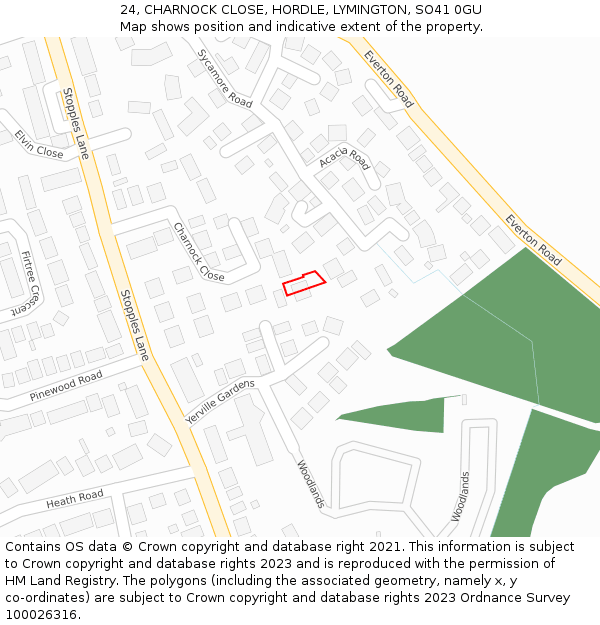 24, CHARNOCK CLOSE, HORDLE, LYMINGTON, SO41 0GU: Location map and indicative extent of plot