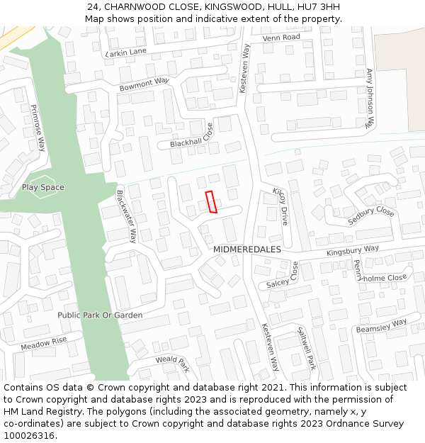 24, CHARNWOOD CLOSE, KINGSWOOD, HULL, HU7 3HH: Location map and indicative extent of plot