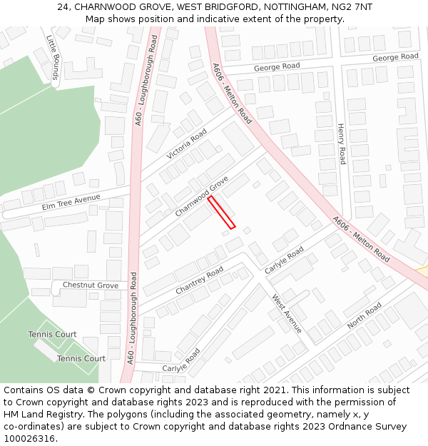 24, CHARNWOOD GROVE, WEST BRIDGFORD, NOTTINGHAM, NG2 7NT: Location map and indicative extent of plot