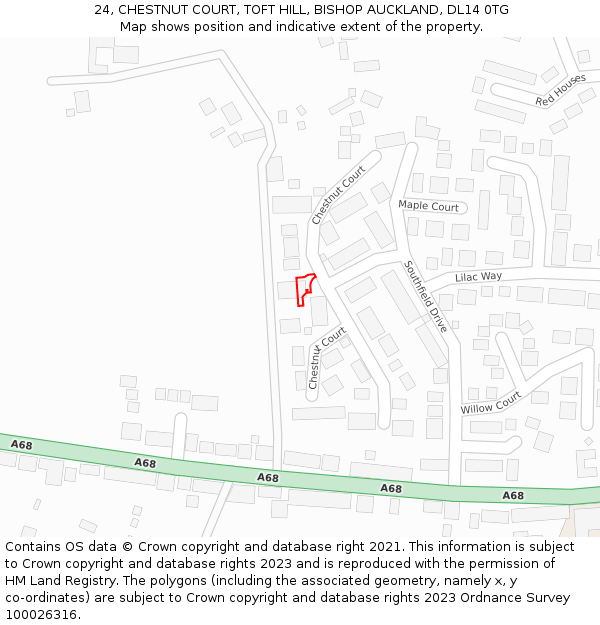 24, CHESTNUT COURT, TOFT HILL, BISHOP AUCKLAND, DL14 0TG: Location map and indicative extent of plot