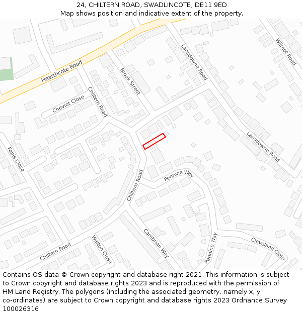 24, CHILTERN ROAD, SWADLINCOTE, DE11 9ED: Location map and indicative extent of plot