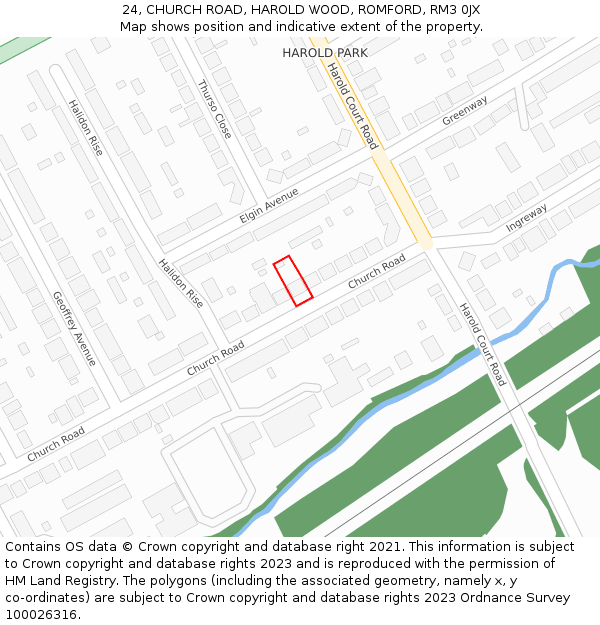 24, CHURCH ROAD, HAROLD WOOD, ROMFORD, RM3 0JX: Location map and indicative extent of plot