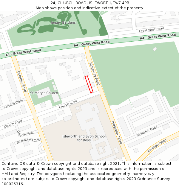 24, CHURCH ROAD, ISLEWORTH, TW7 4PR: Location map and indicative extent of plot