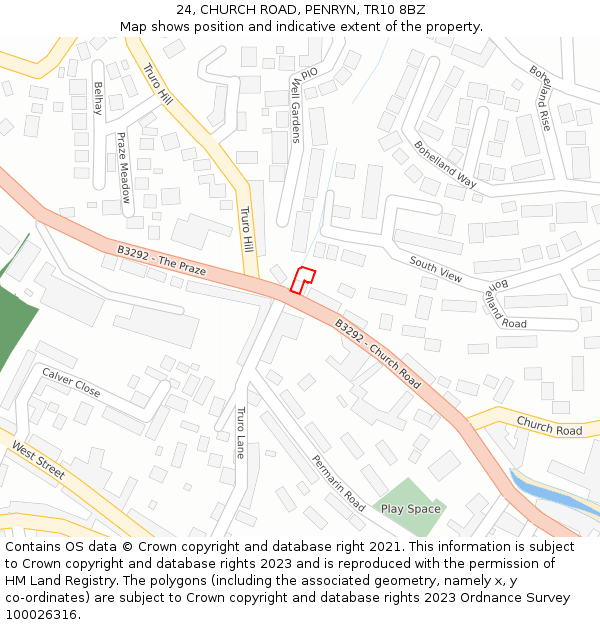 24, CHURCH ROAD, PENRYN, TR10 8BZ: Location map and indicative extent of plot