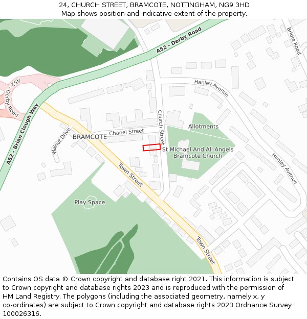 24, CHURCH STREET, BRAMCOTE, NOTTINGHAM, NG9 3HD: Location map and indicative extent of plot