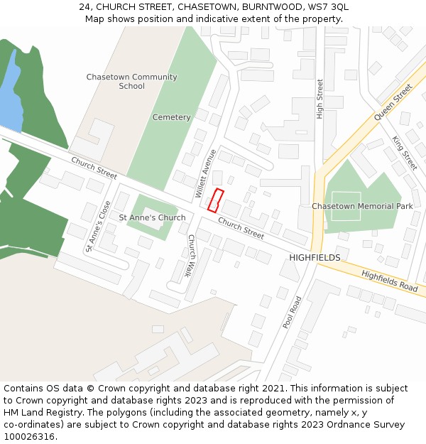 24, CHURCH STREET, CHASETOWN, BURNTWOOD, WS7 3QL: Location map and indicative extent of plot