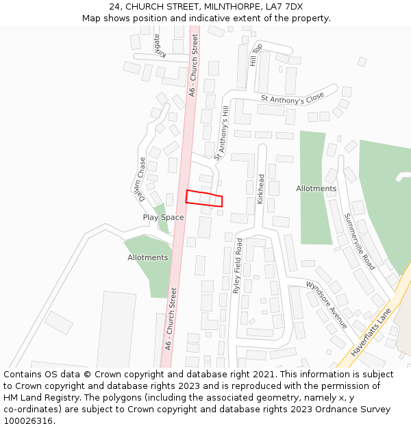 24, CHURCH STREET, MILNTHORPE, LA7 7DX: Location map and indicative extent of plot