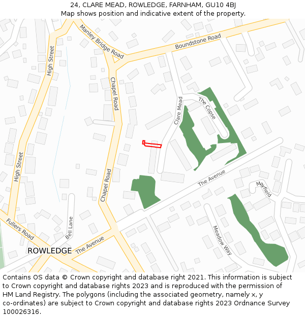 24, CLARE MEAD, ROWLEDGE, FARNHAM, GU10 4BJ: Location map and indicative extent of plot